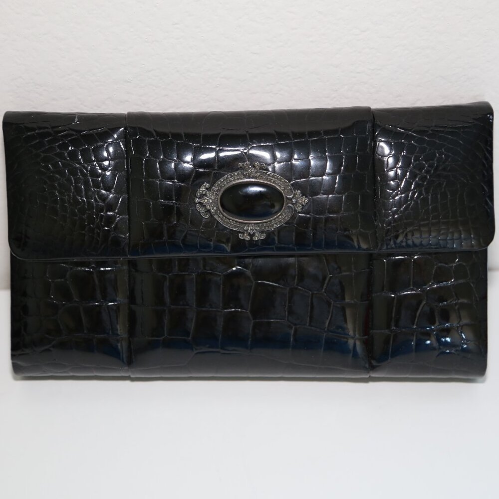 Auth 80s Finesse La Model Genuine Glazed alligator belly clutch black Gorgeous!